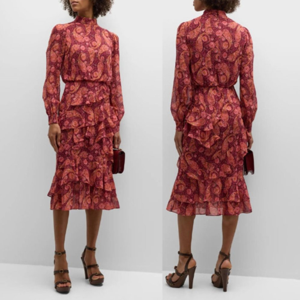 NWT Saloni High Neck Isa Silk Georgette Tiered Ruffle Midi Dress Size: 0 - Picture 1 of 7